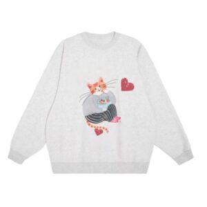 Hand-Drawn "Greedy Cat" Print Sweatshirt — Grey