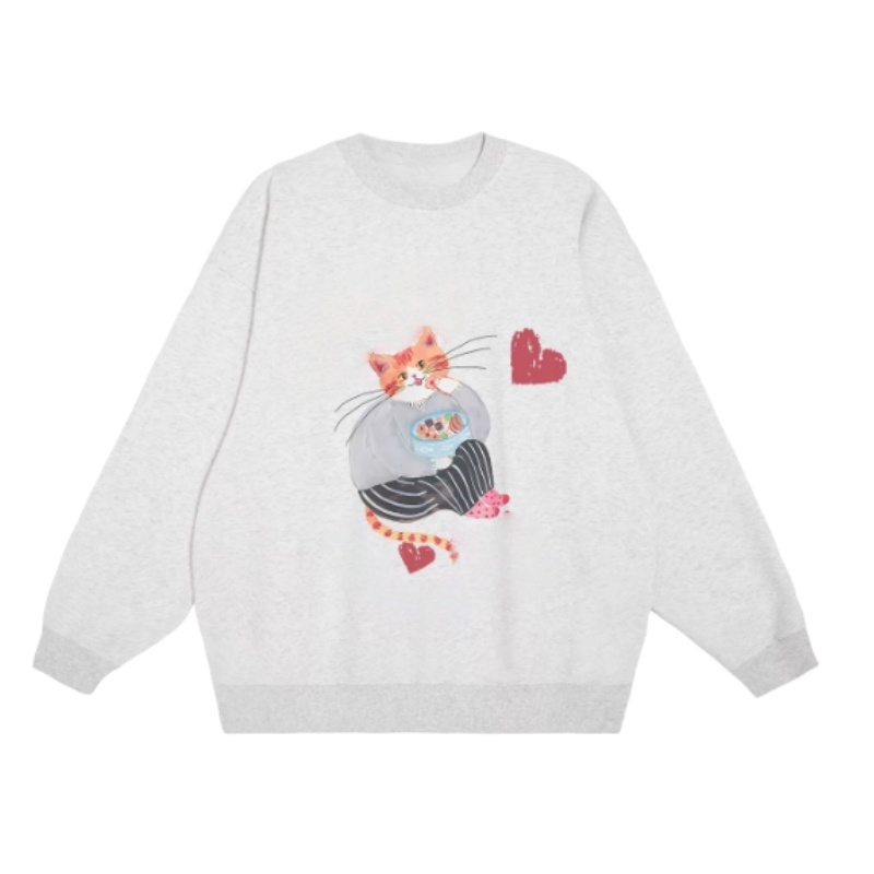 Hand-Drawn "Greedy Cat" Print Sweatshirt — Grey
